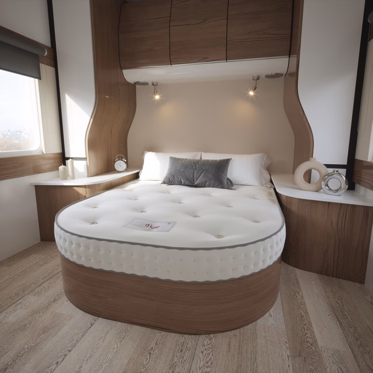 D luxe natural product island bed caravan motorhome mattress lifestyle side image