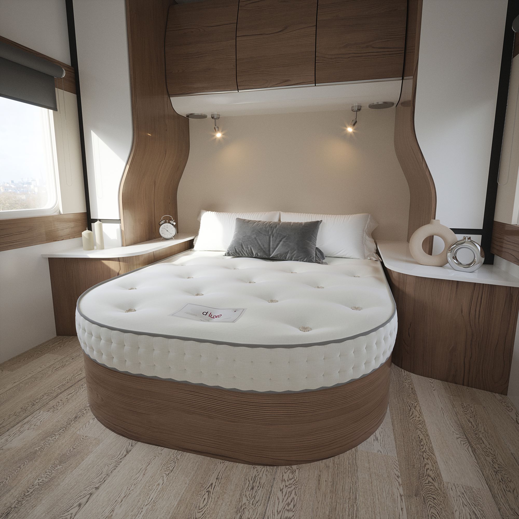 D luxe natural product island bed caravan motorhome mattress lifestyle side image